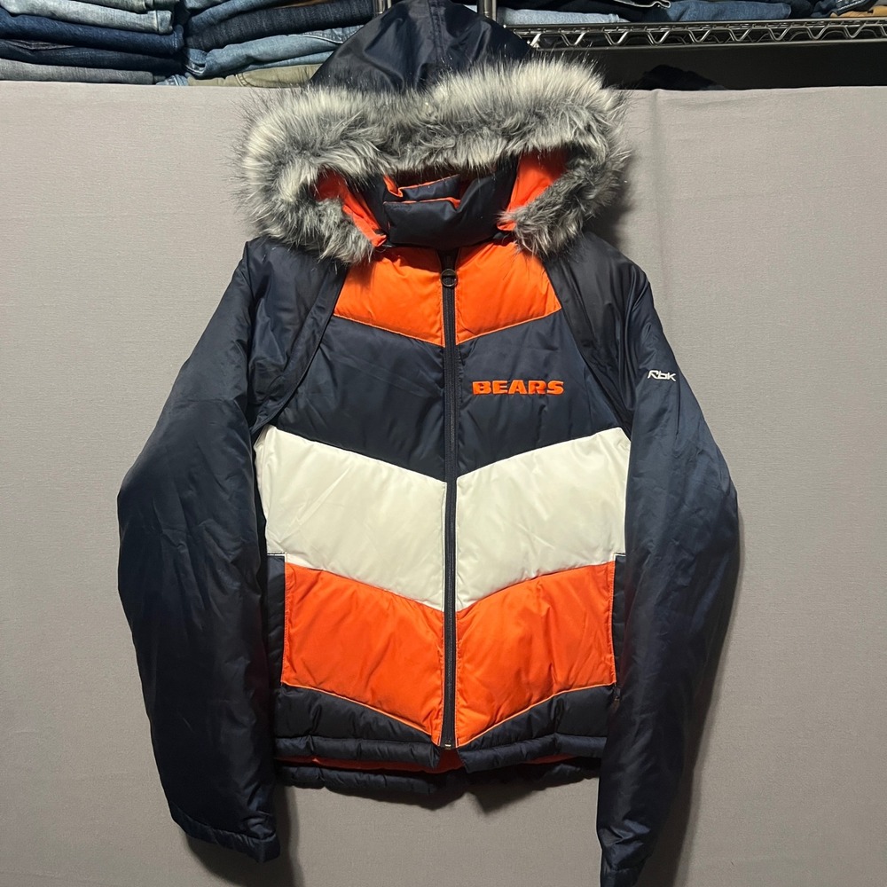 Reebok NFL Chicago Bears Convertible Puffer Jacket Vest Faux Fur Hood Navy M